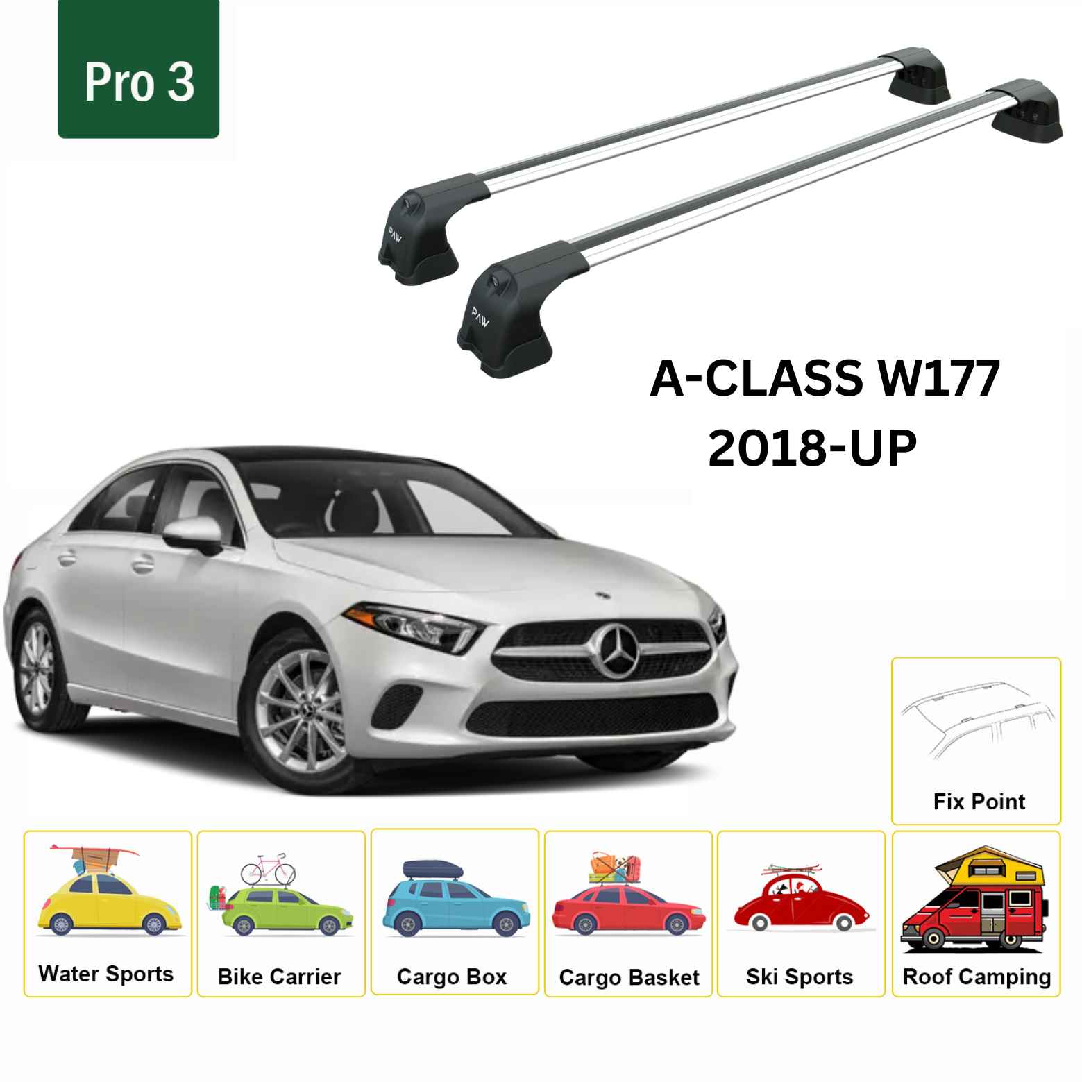 For Mercedes Benz A Sedan W177 2018-Up Roof Rack Cross Bars Fix Point Alu Silver