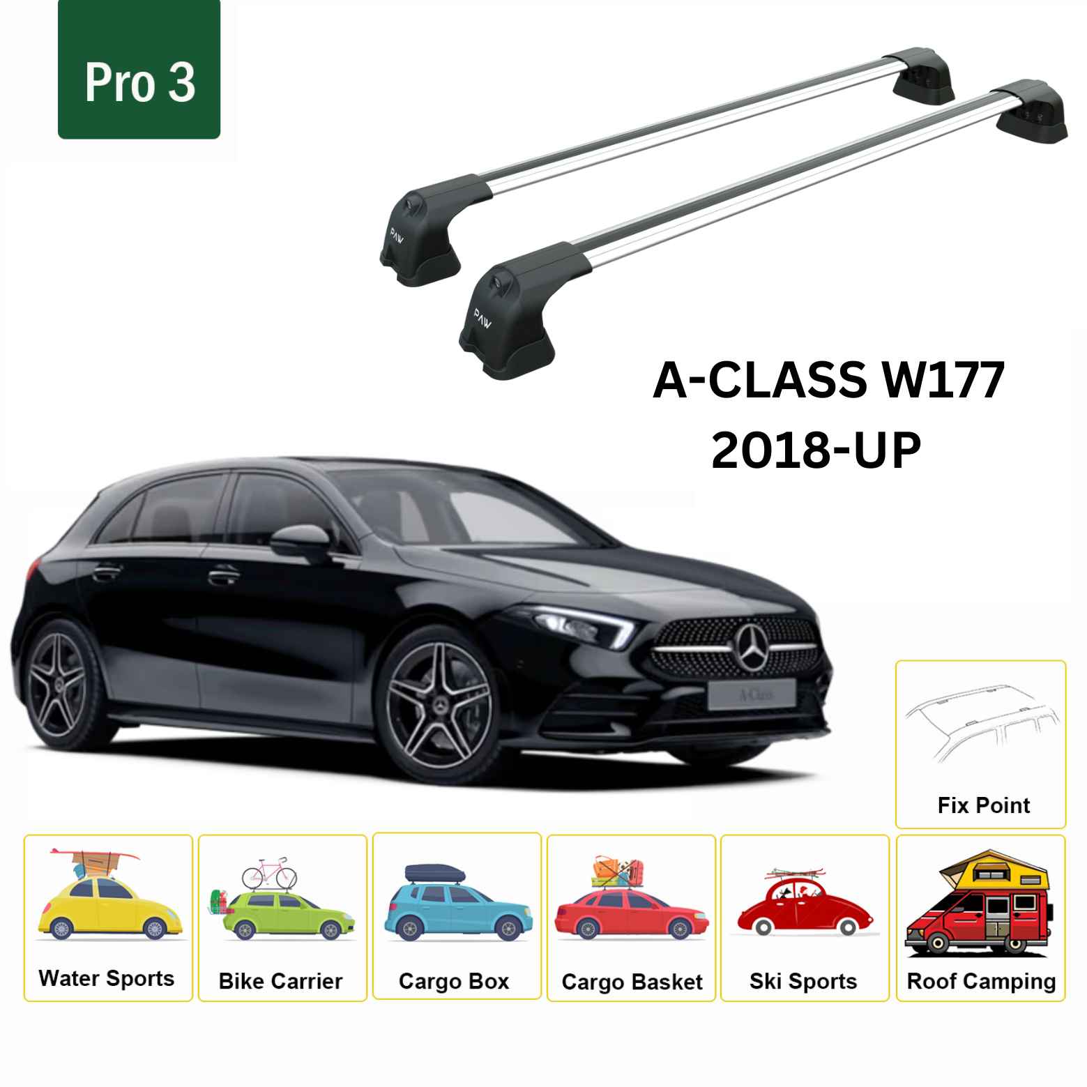 For Mercedes Benz A HB W177 2018-Up Roof Rack Cross Bars Fix Point Alu Silver