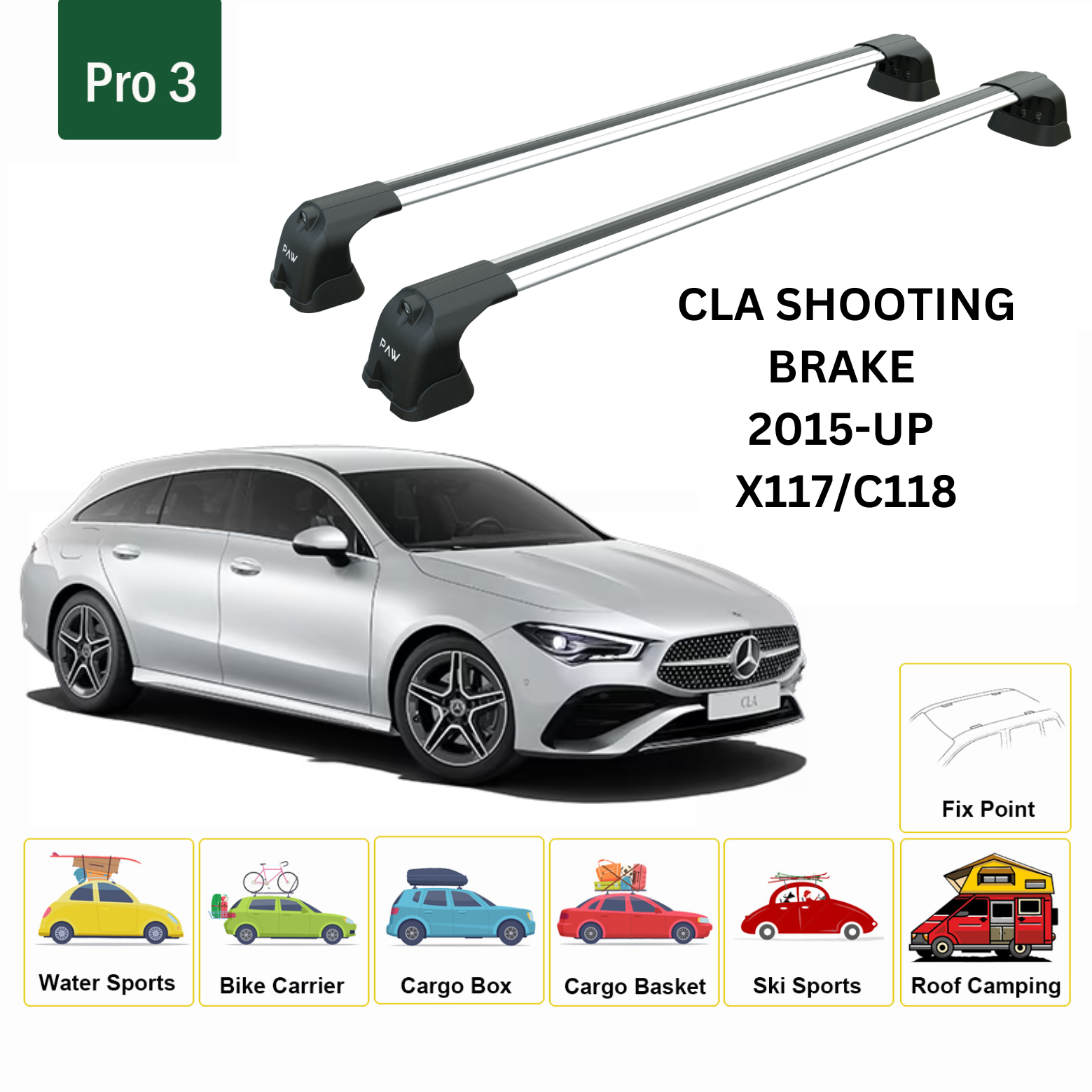 For Mercedes Benz CLA SB 2015-Up Roof Rack Cross Bars Metal Bracket Fix Point Alu Silver