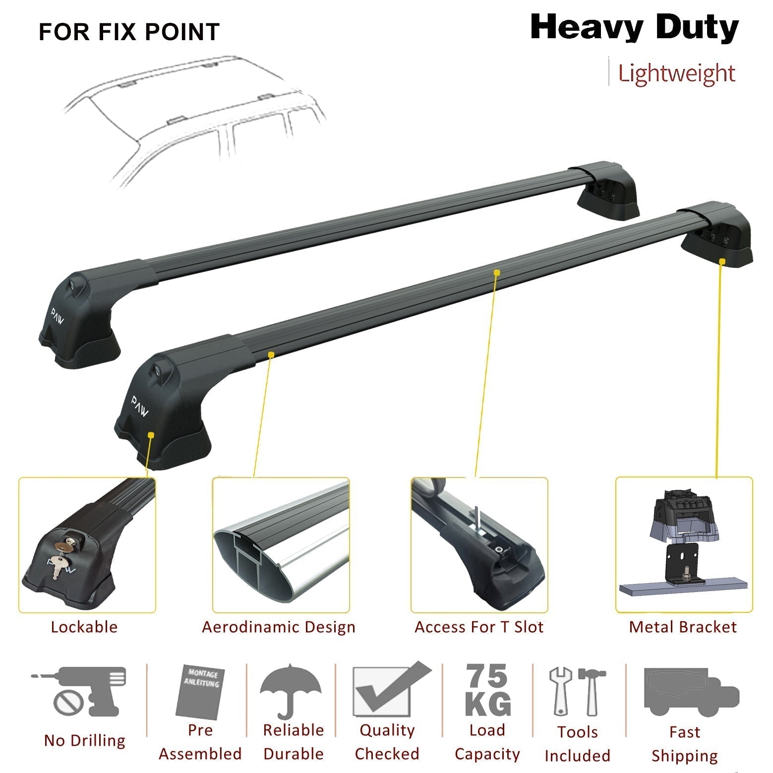 For Nissan X-Trail T32 Roof Rack System, Aluminium Cross Bar, Fix Point, Black 2014-2021