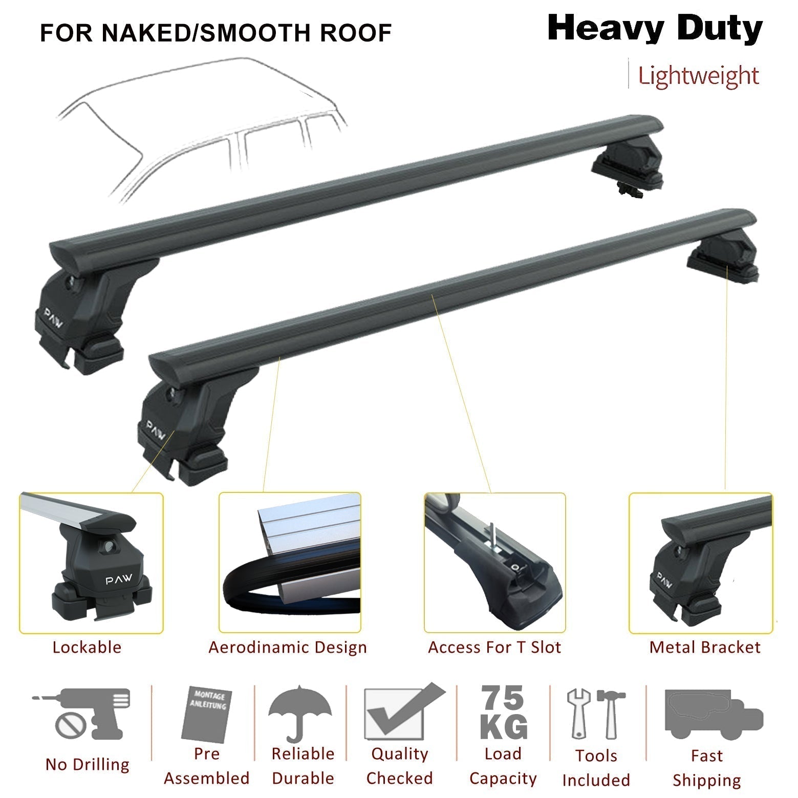 For Fownix Fx Roof Rack System, Aluminium Cross Bar, Normal Roof, Silver 2022- Up