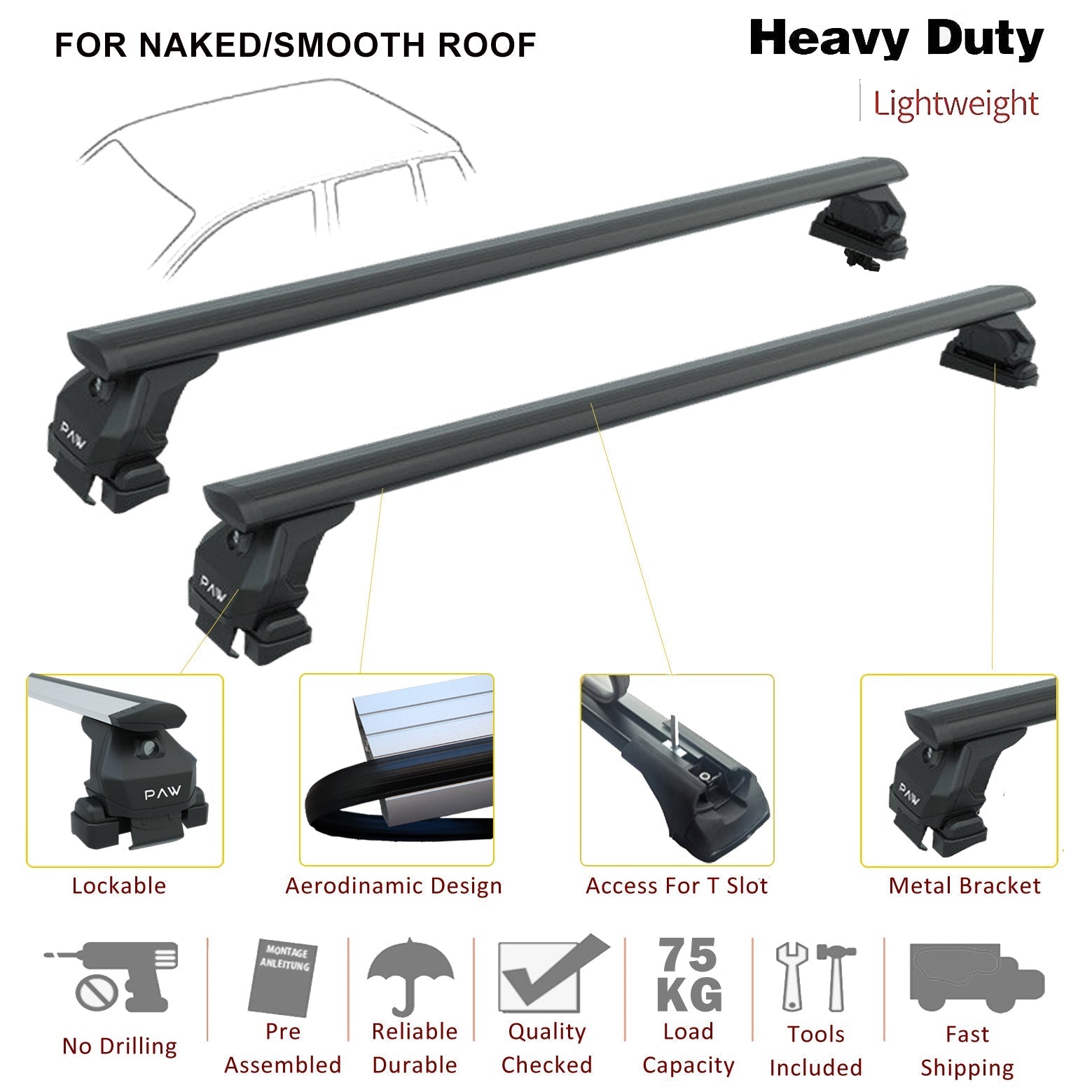 For Mercedes C Series W203 Roof Rack System, Aluminium Cross Bar, Metal Bracket, Normal Roof, Silver