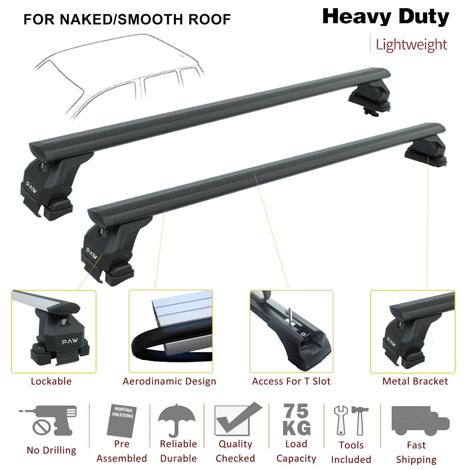 For Mercedes C Series W203 Roof Rack System, Aluminium Cross Bar, Metal Bracket, Normal Roof, Black