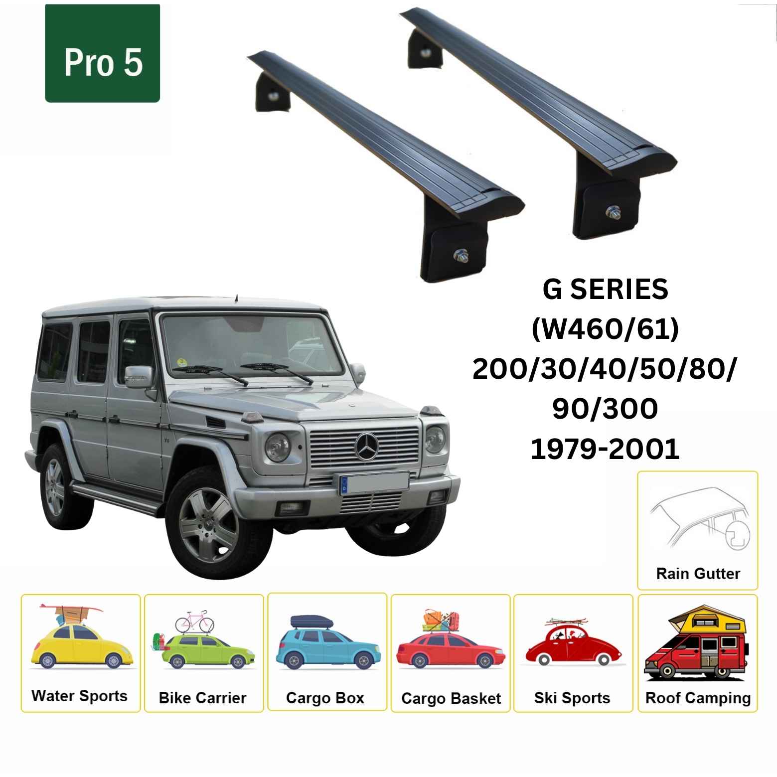 For Mercedes G (W460/61) 1979-01 Roof Rack Cross Bars Rain Gutters Alu Black