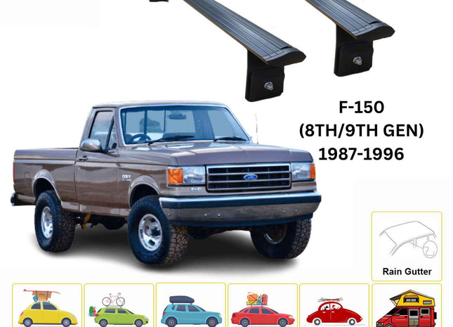 For Ford F150 (8th/9th Gen) 1987-96 Cross Bars Rain Gutter Alu Black