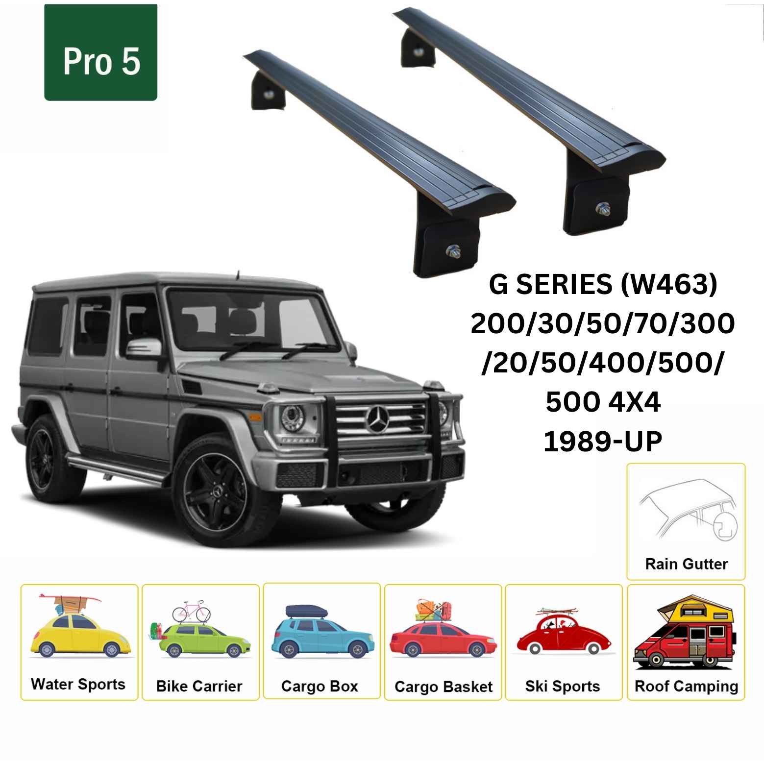 For Mercedes G (W463) 1989-Up Roof Rack Cross Bars Rain Gutters Alu Black