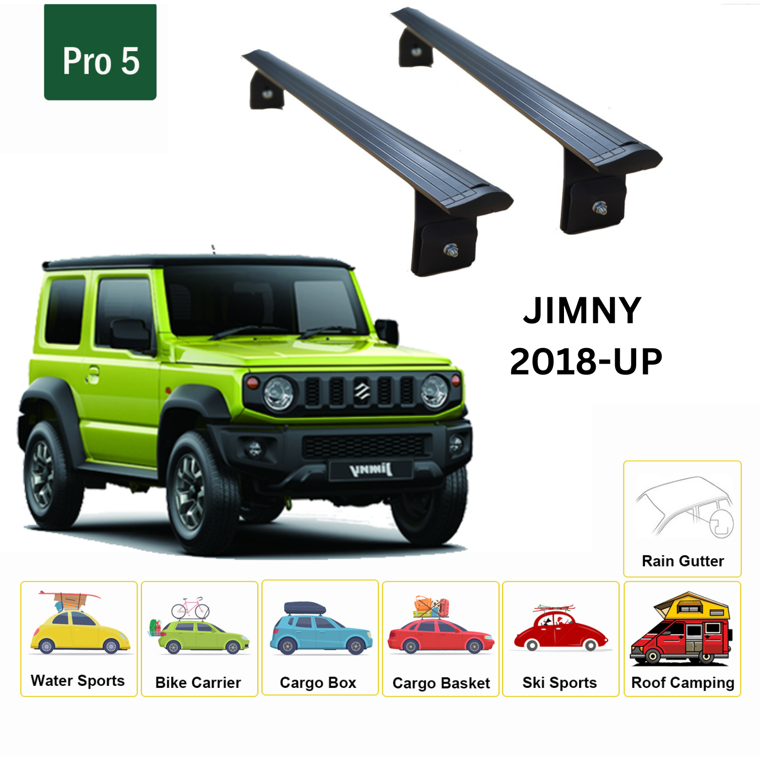 For Suzuki Jimny Rain Gutter Roof Rack Cross Bars Metal Bracket Rain Gutters Alu Black 2018-Up