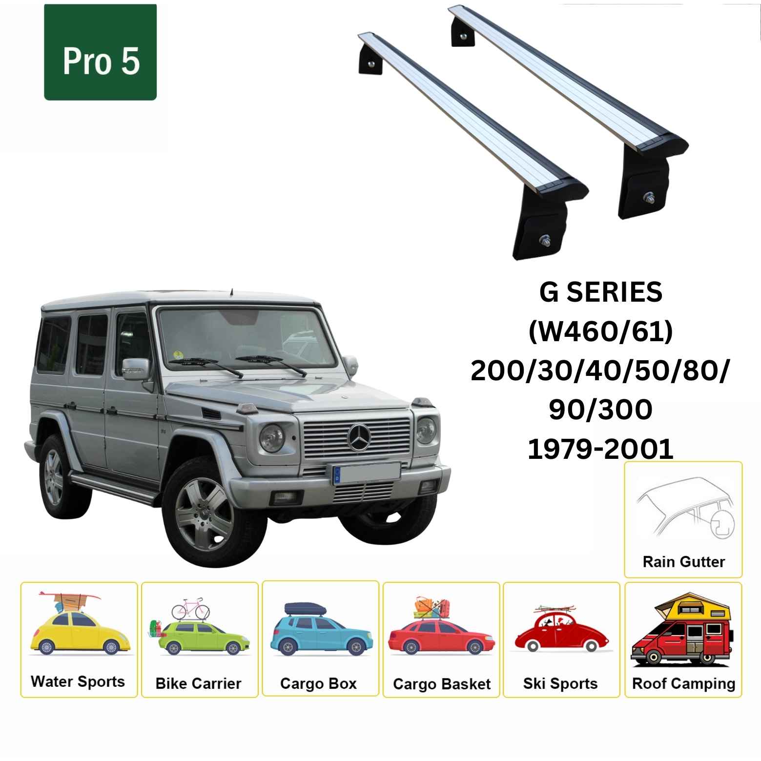 For Mercedes G (W460/61) 1979-01 Roof Rack Cross Bars Rain Gutters Alu Silver