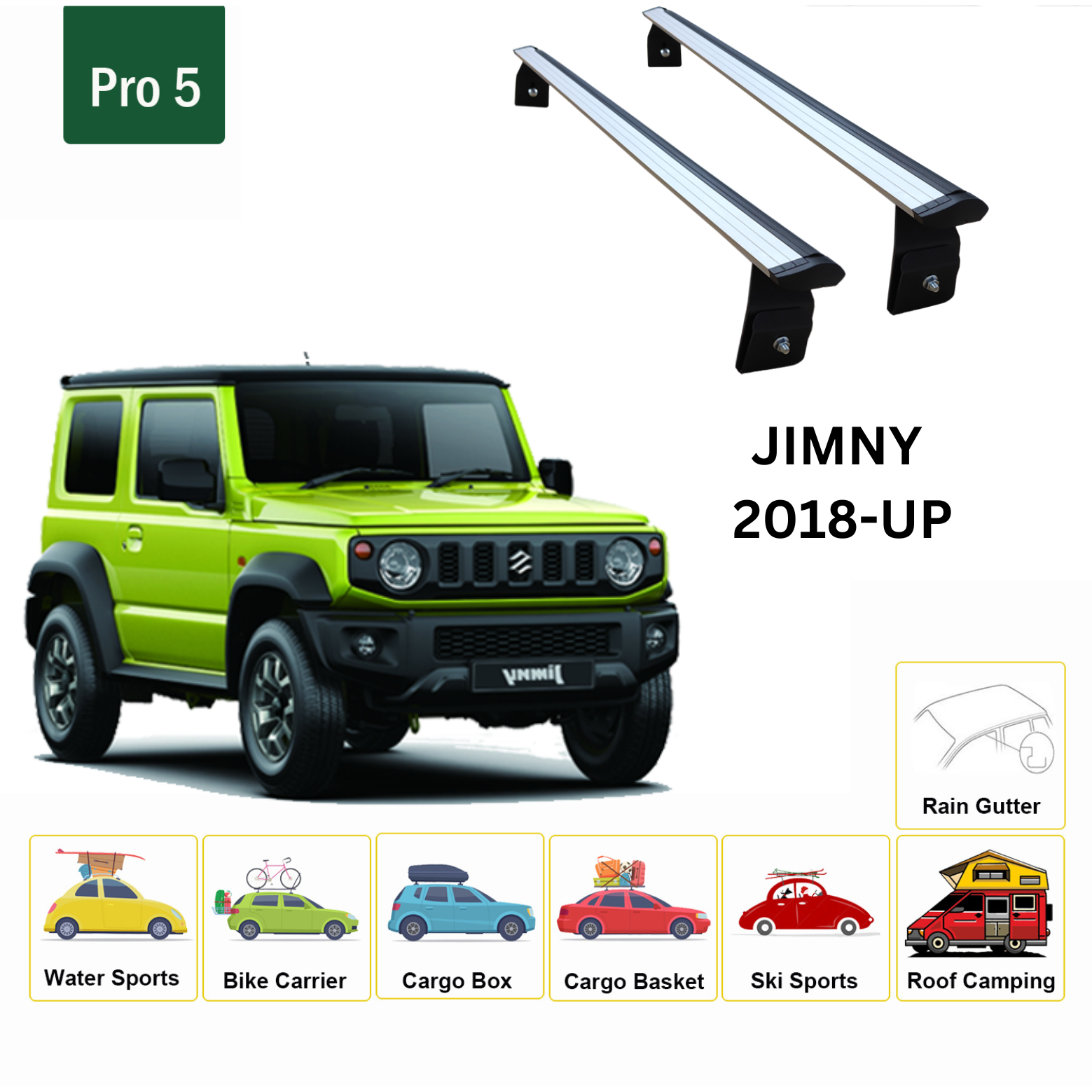 For Suzuki Jimny Rain Gutter Roof Rack Cross Bars Metal Bracket Rain Gutters Alu 2018-Up Silver