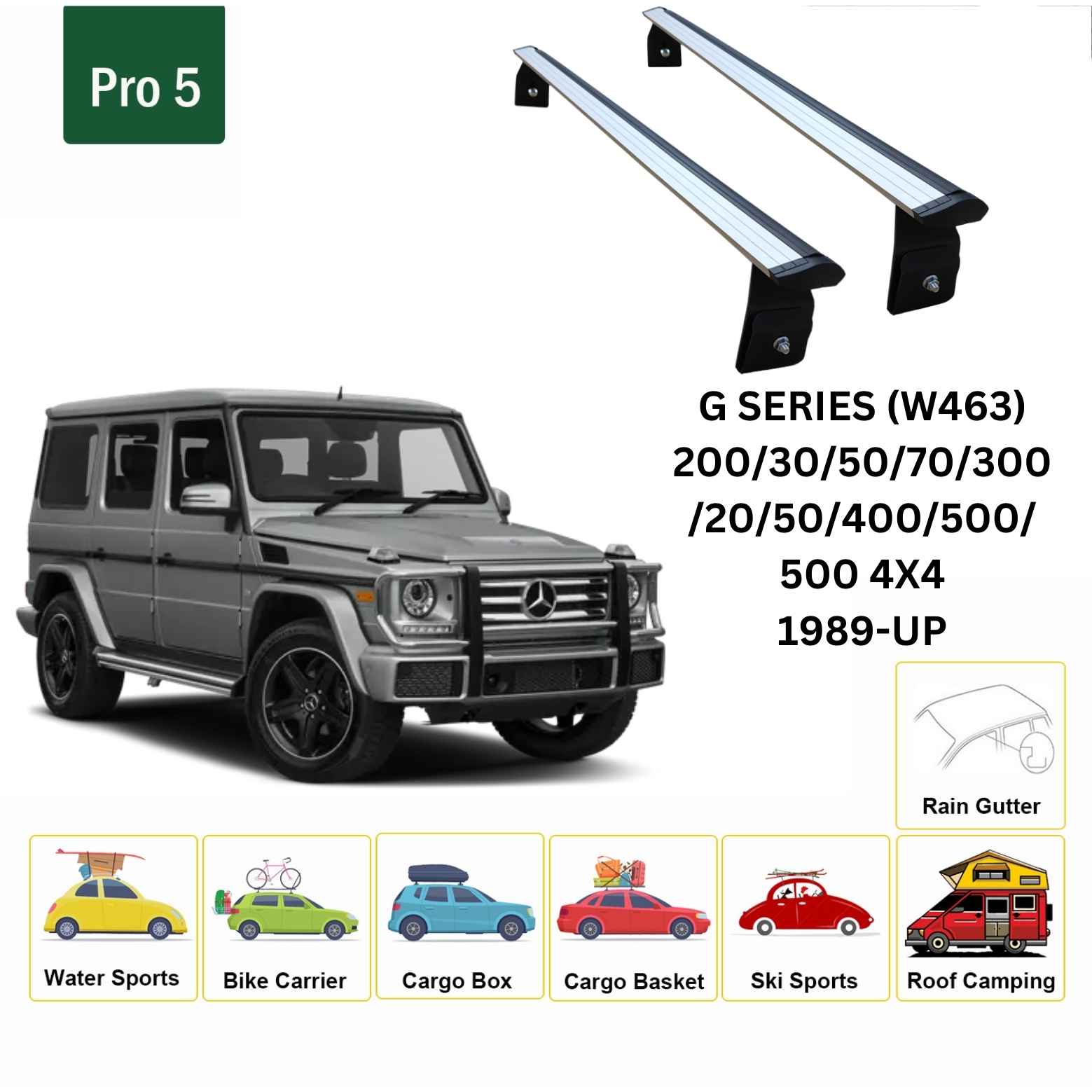 For Mercedes G (W463) 1989-Up Roof Rack Cross Bars Rain Gutters Alu Silver