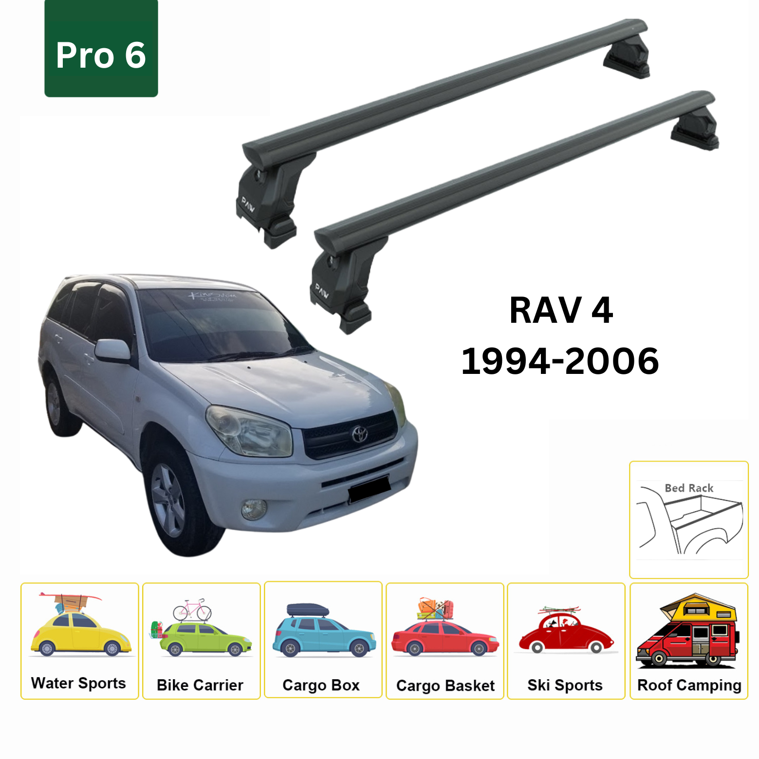 For Toyota Rav 4 2000-2006 Roof Rack Cross Bars Metal Bracket Raised Rails Pro 1 Alu Black