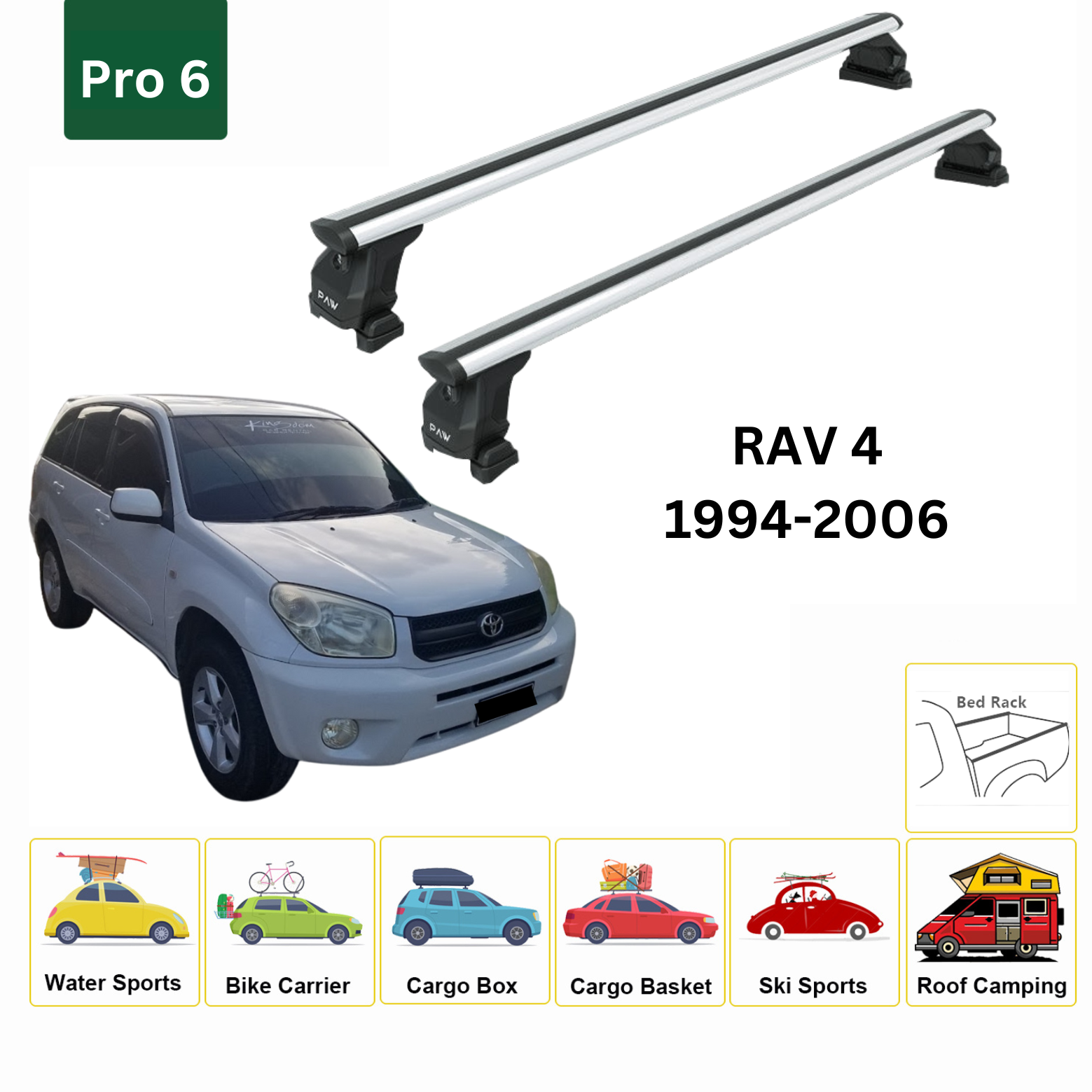 For Toyota Rav 4 1994-2006 Roof Rack Cross Bars Metal Bracket Fix Point Pro 6 Alu Silver