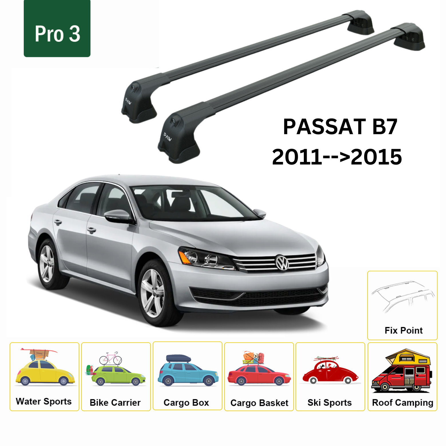 For Volkswagen Passat B7 2011-15 Roof Rack Cross Bar Normal Roof Black