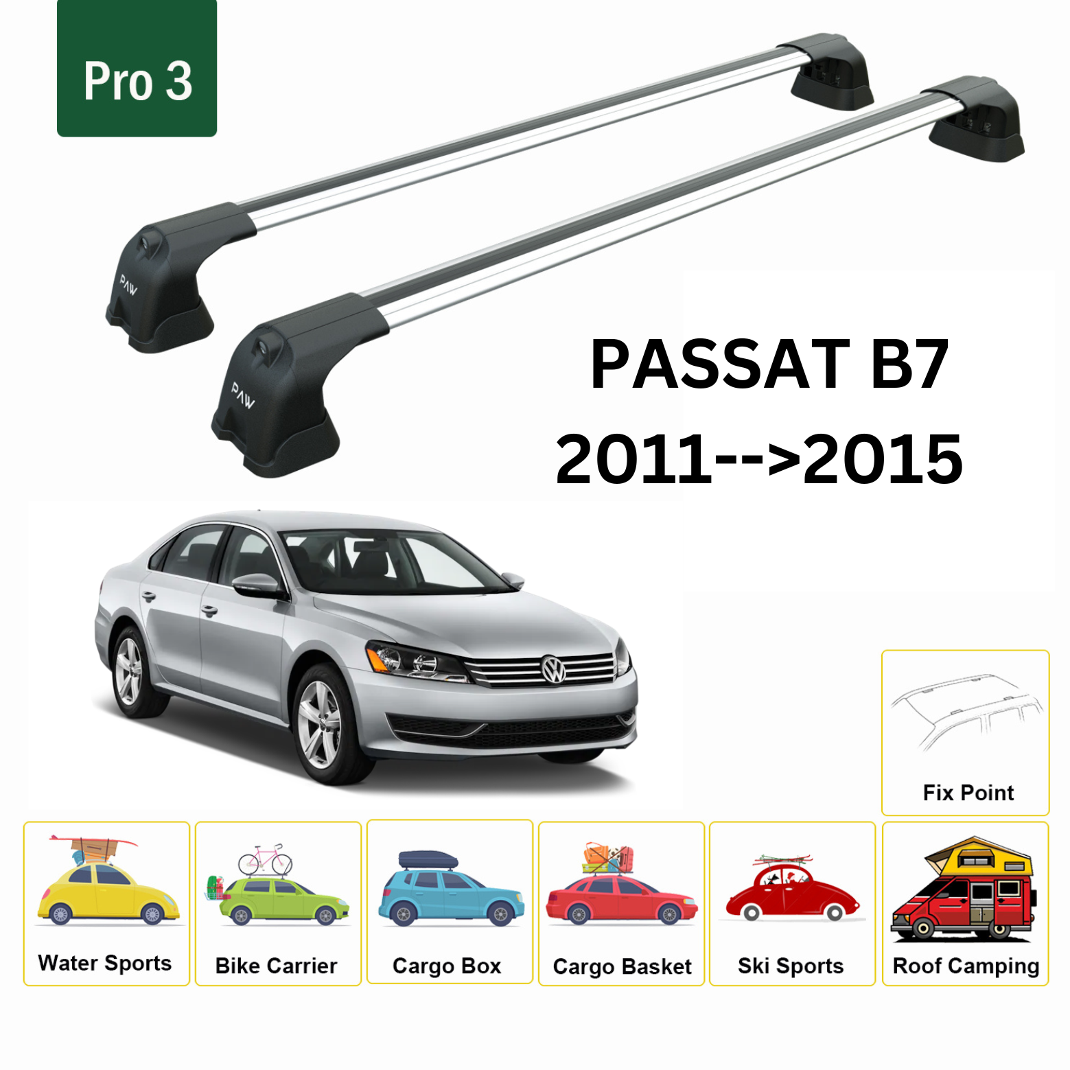 For Volkswagen Passat B7 2011-15 Roof Rack Cross Bar Normal Roof Silver