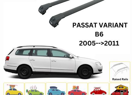 For Volkswagen Passat Variant B6 2005-11 Roof Rack Cross Bar Raised Rail Alu Black