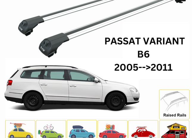 For Volkswagen Passat Variant B6 2005-11 Roof Rack Cross Bar Raised Rail Alu Silver