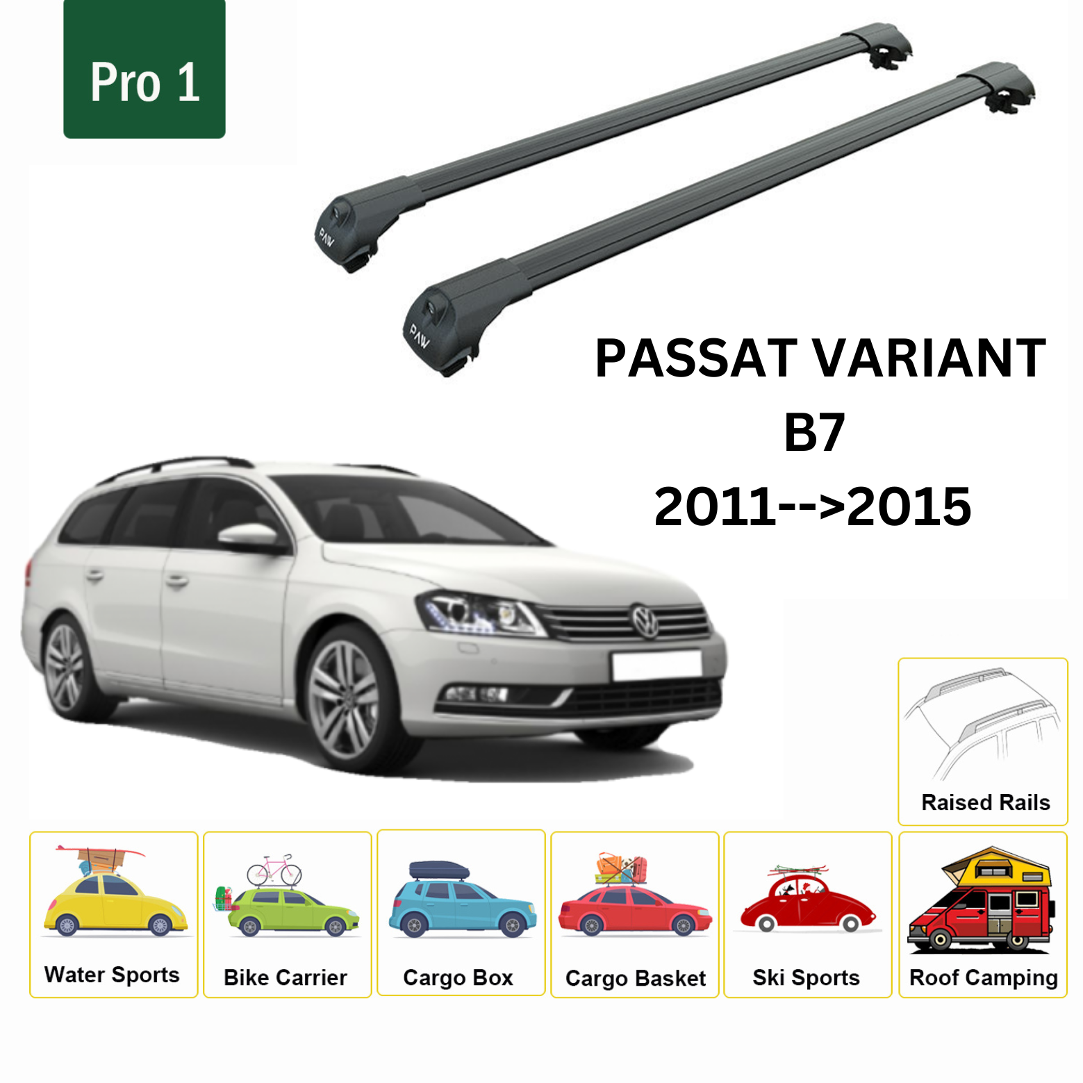 For Volkswagen Passat Variant B7 2011-15 Roof Rack Cross Bar Raised Rail Alu Black