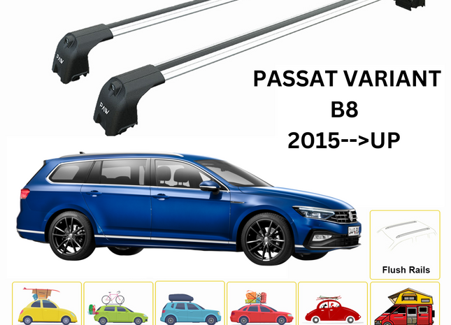 For Volkswagen Passat Variant B8 2015-Up Roof Rack Cross Bar Flush Rail Alu Silver