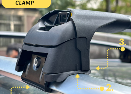 Metal clamp on a car roof with labeled features and 'Metal Clamp' text.