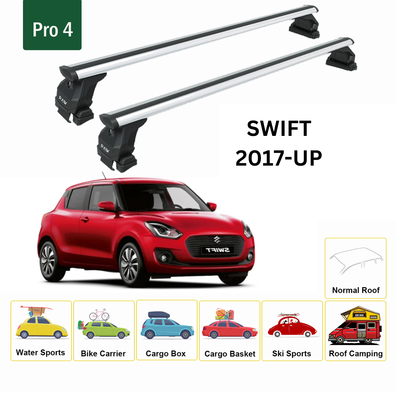 For Suzuki Swift 2017-Up Roof Rack Cross Bars Metal Bracket Normal Roof Alu Silver