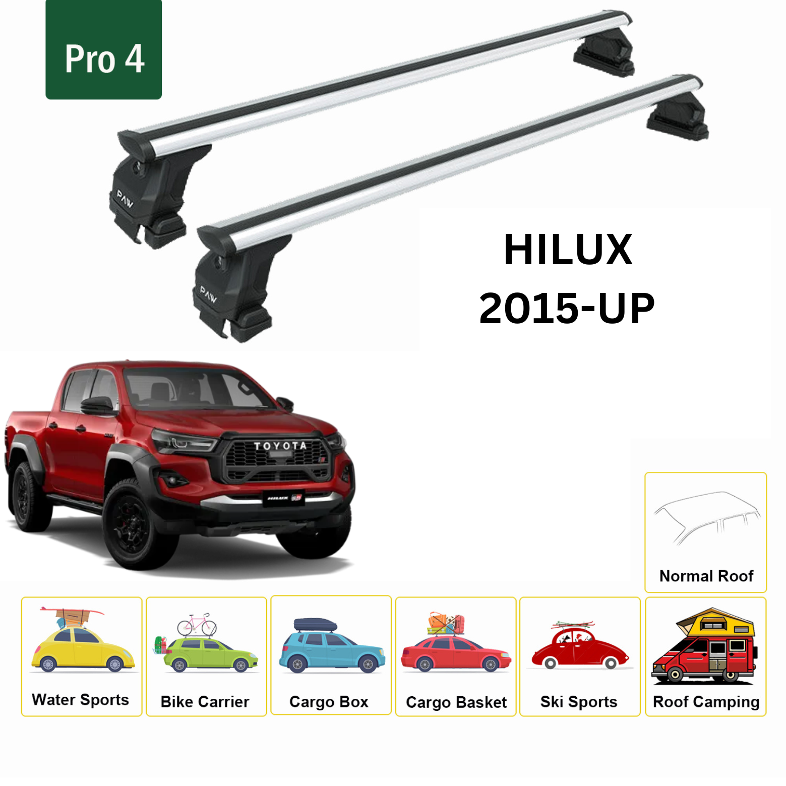 For Toyota Hilux Roof Rack Cross Bars Metal Bracket Normal Roof Alu Silver 2015-Up