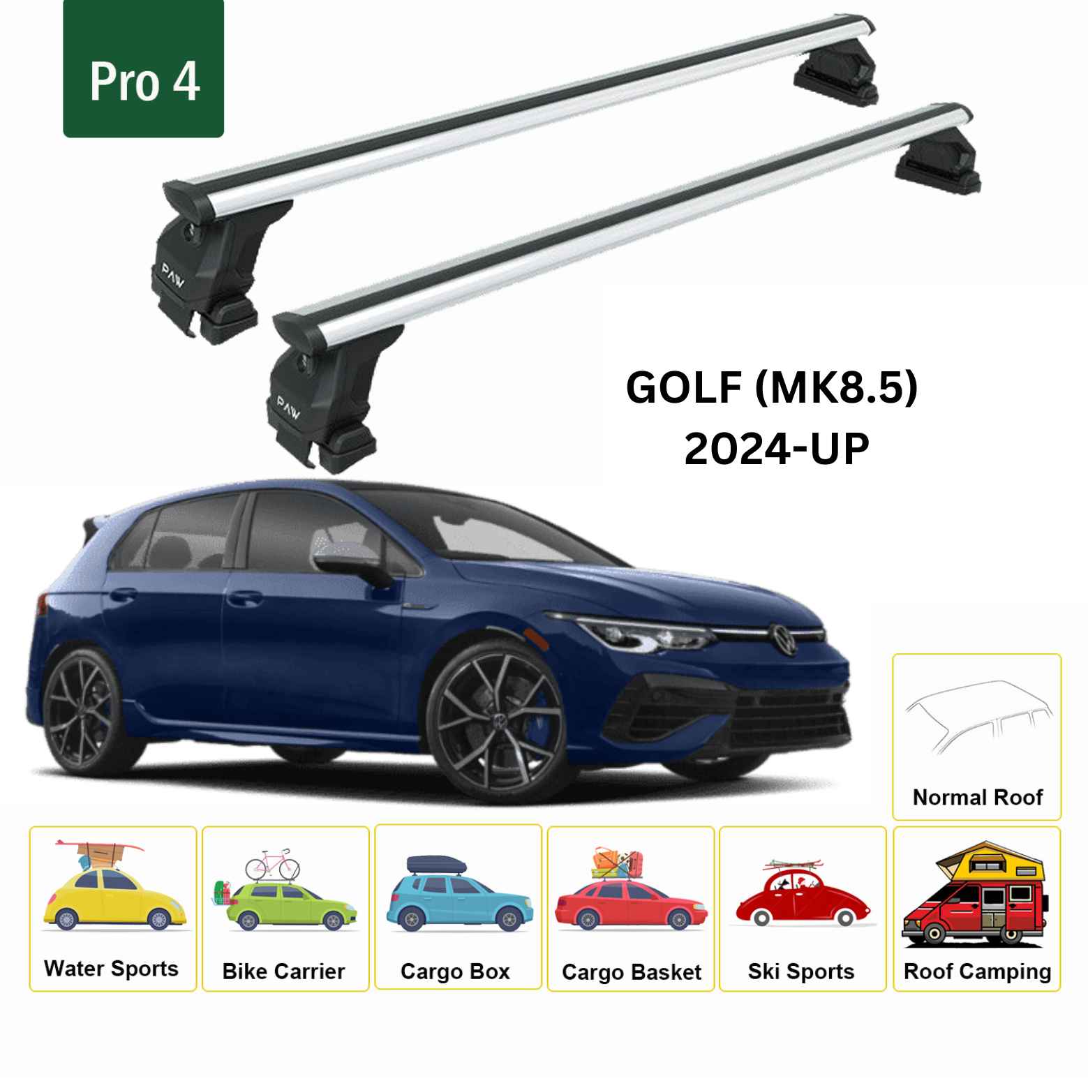 For Volkswagen Golf 5D (MK8.5) 2024-Up Roof Rack Cross Bar Normal Roof Alu Silver