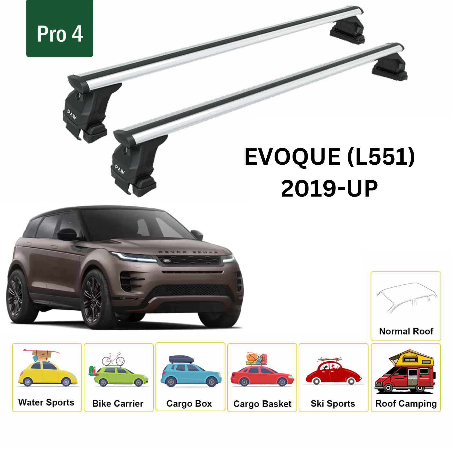 For Land Rover Evoque L551 Roof Rack Cross Bars Normal Roof Pro 4 Alu 2019- Up Silver