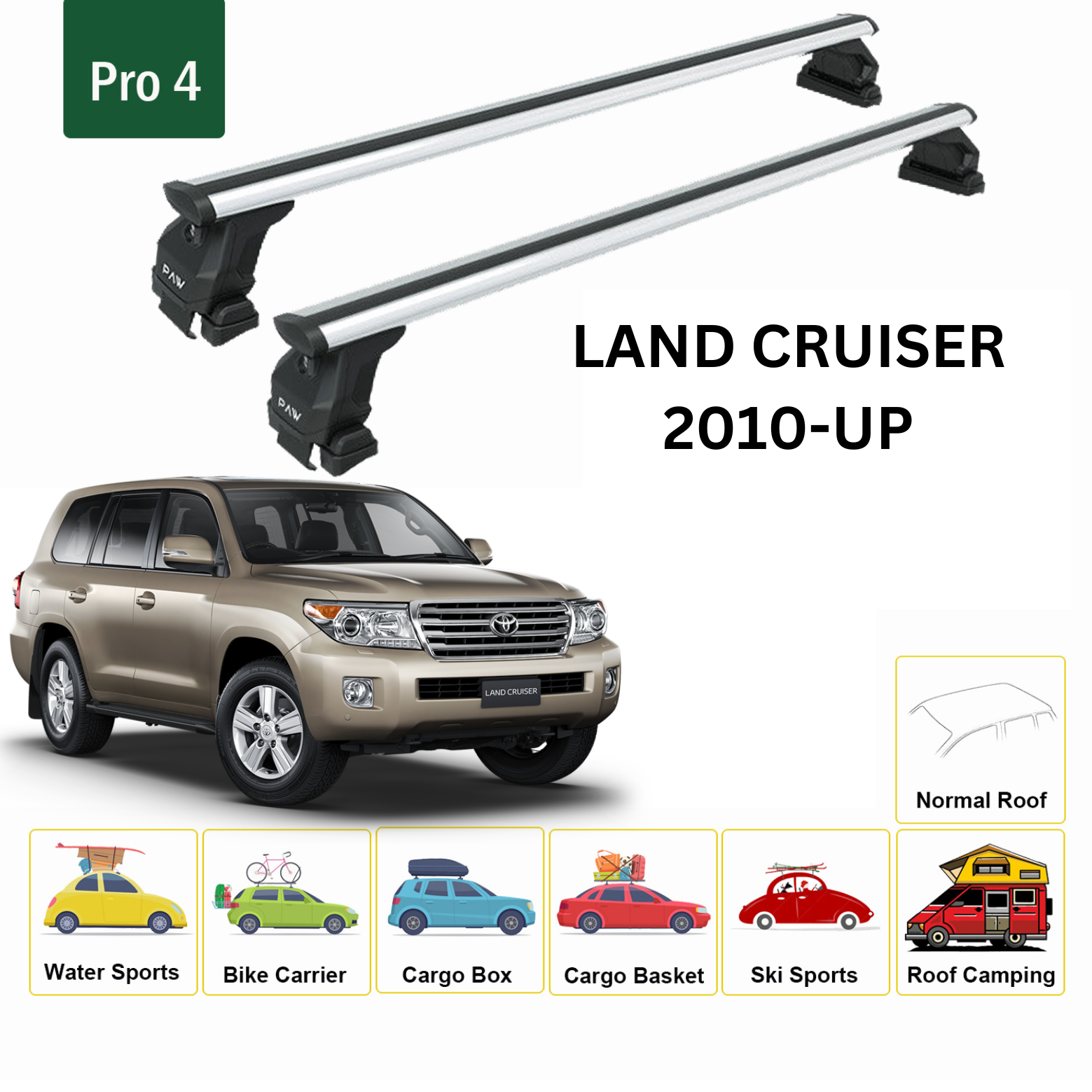 For Toyota Land Cruiser 2010- Up Roof Rack Cross Bars Metal Bracket Normal Roof Alu Silver