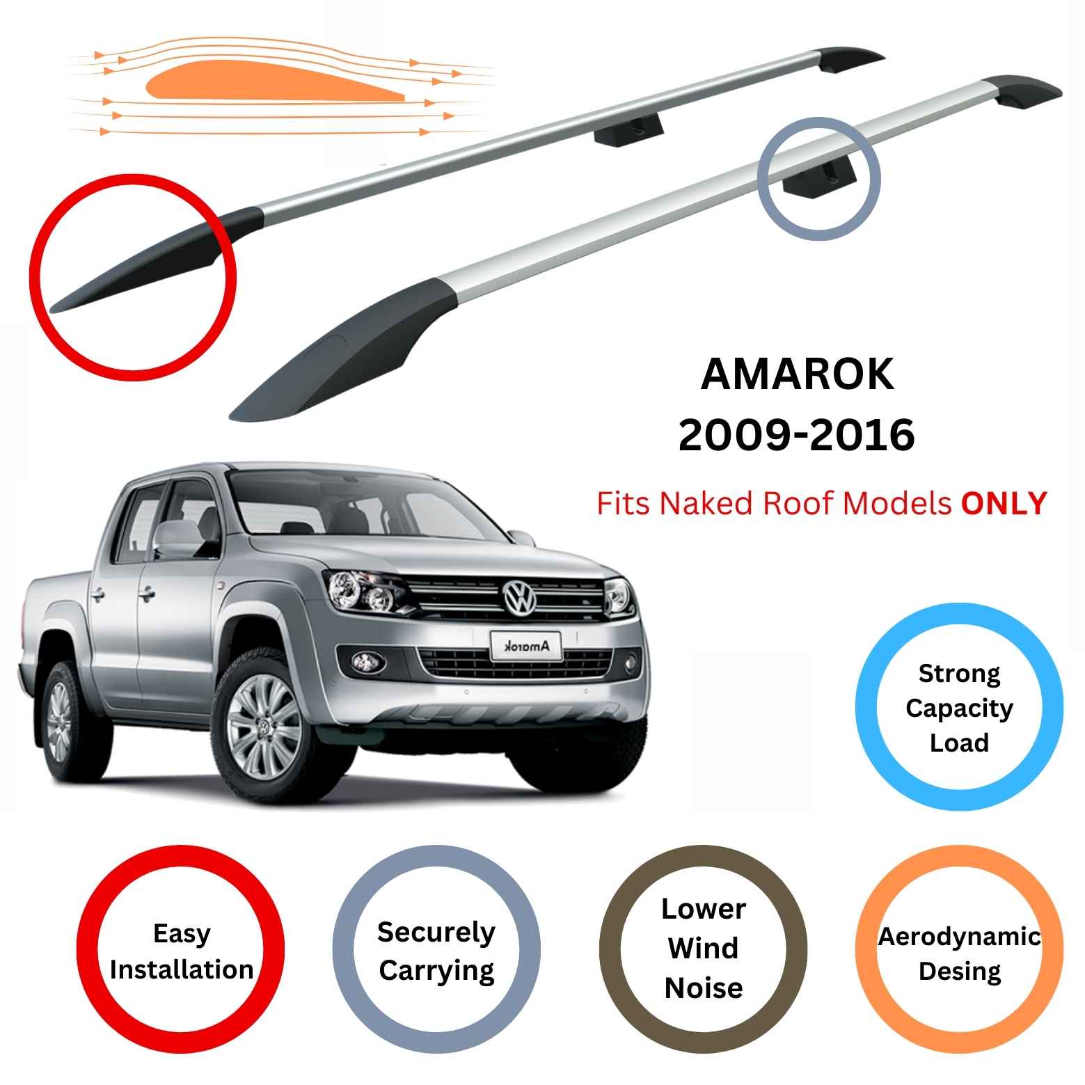 For Volkswagen Amarok 2010-2021 Roof Side Rails and Roof Rack Cross Bar Alu Silver