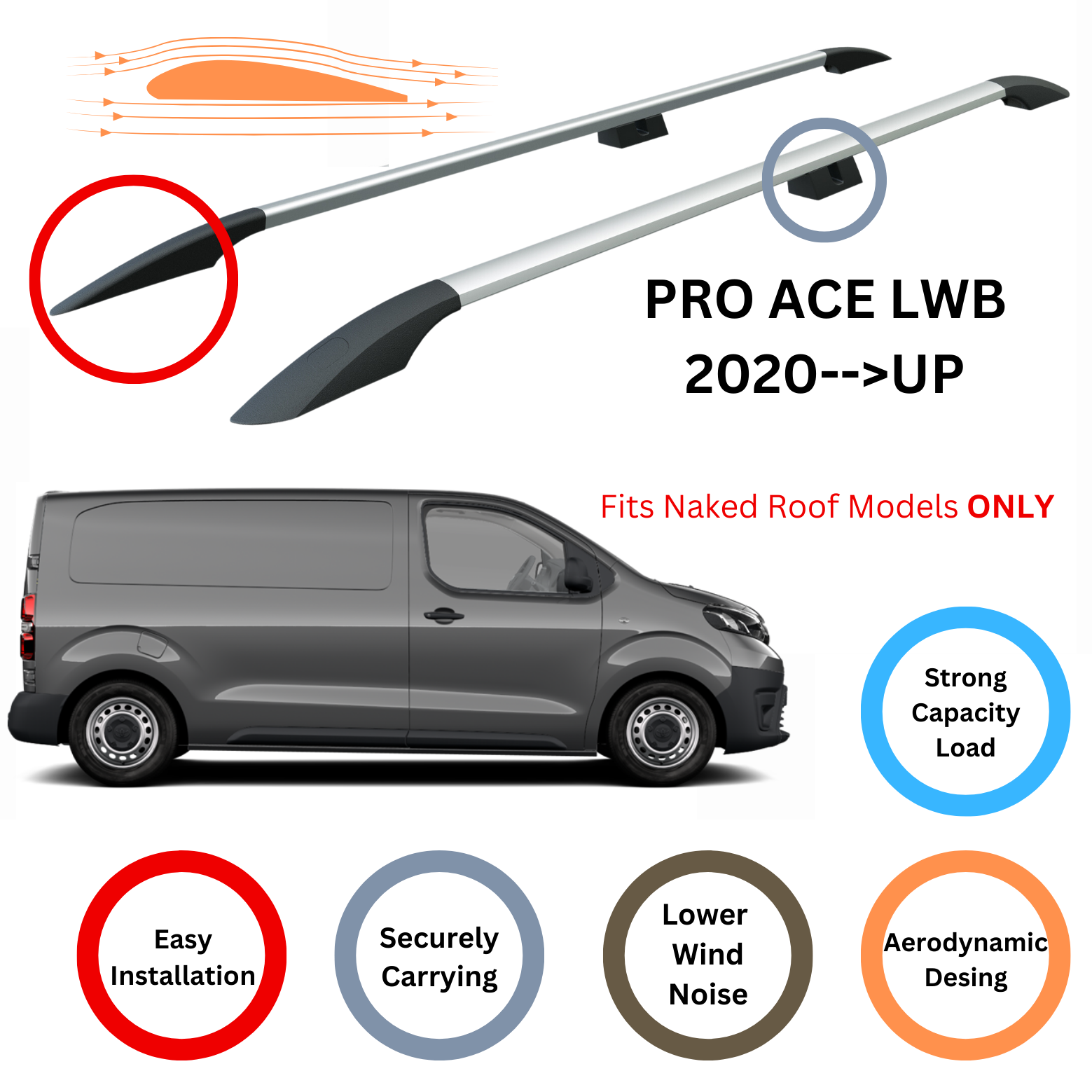 For Toyota ProAce City 2020-Up LWB Roof Side Rails Ultimate Style Alu Silver