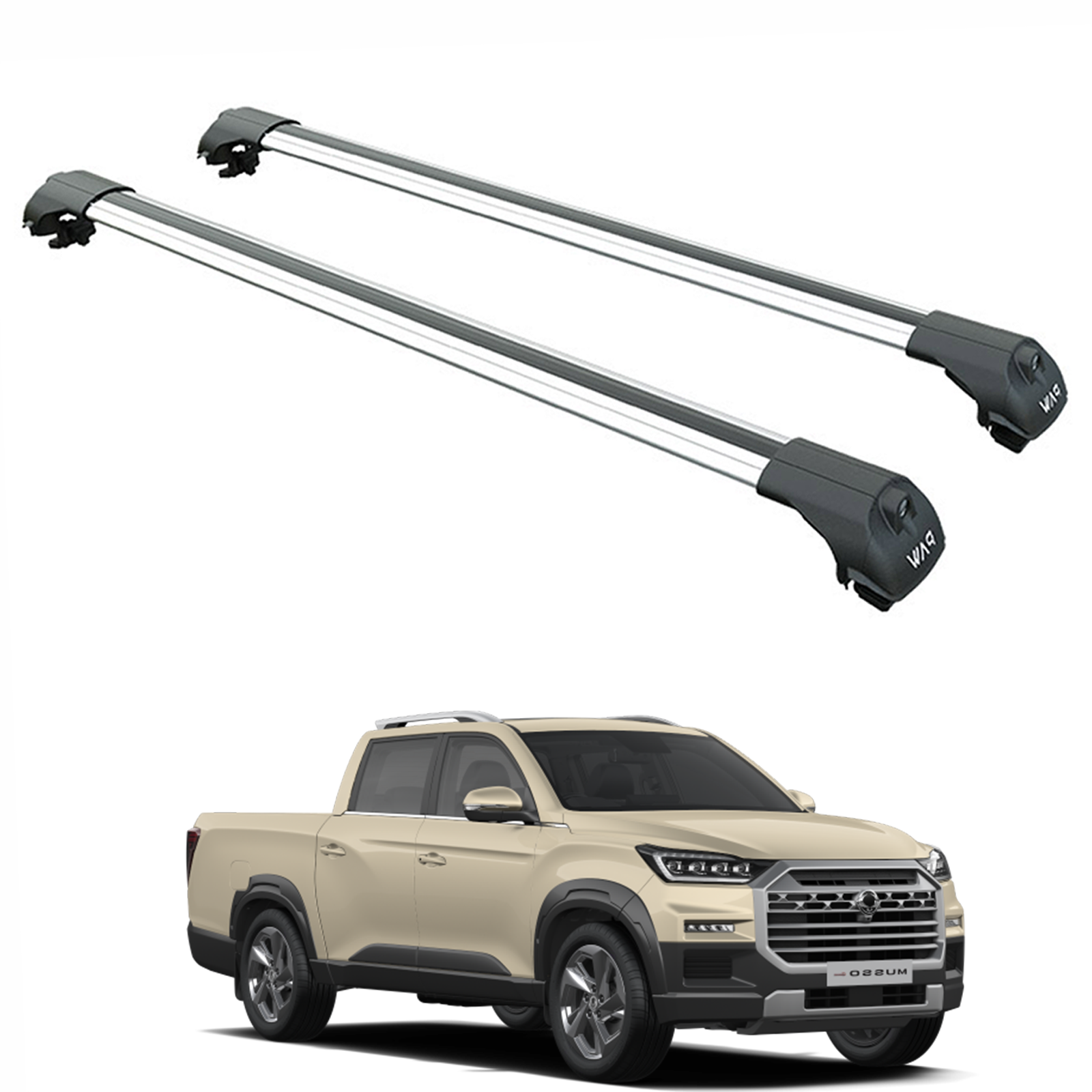 For Ssangyong Musso Grand 2018-2025 Roof Rack System, Aluminium Cross Bar, Raised Rail, Silver