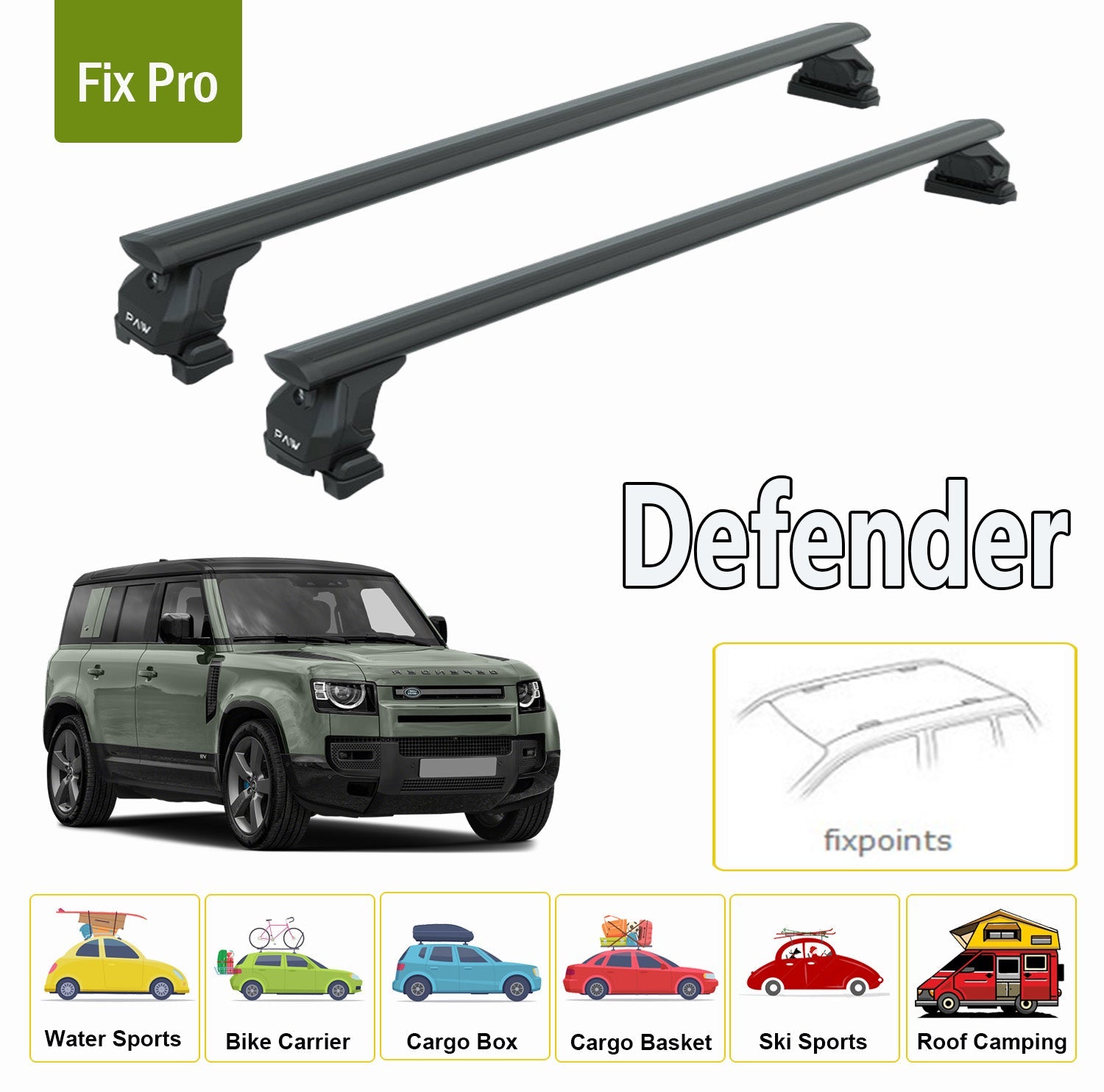 For Land Rover Defender Roof Rack Cross Bars Fix Point Alu Black 2020-Up