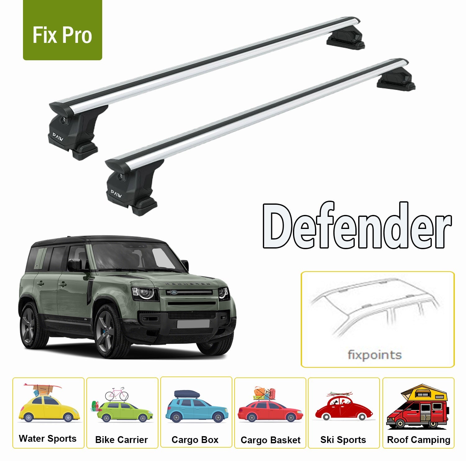 For Land Rover Defender Roof Rack Cross Bars Fix Point Alu Silver 2020-Up