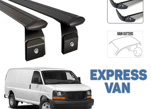 For Chevrolet Express Van 2000-Up Roof Rack Cross Bars Metal Bracket Rain Gutter Alu Black