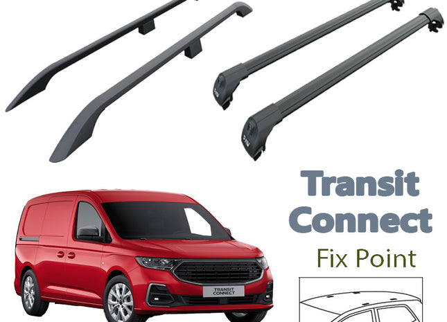 For Ford Transit Connect L2 LWB Aluminum Roof Rails + Cross Bars Full Set 2024- Up Black