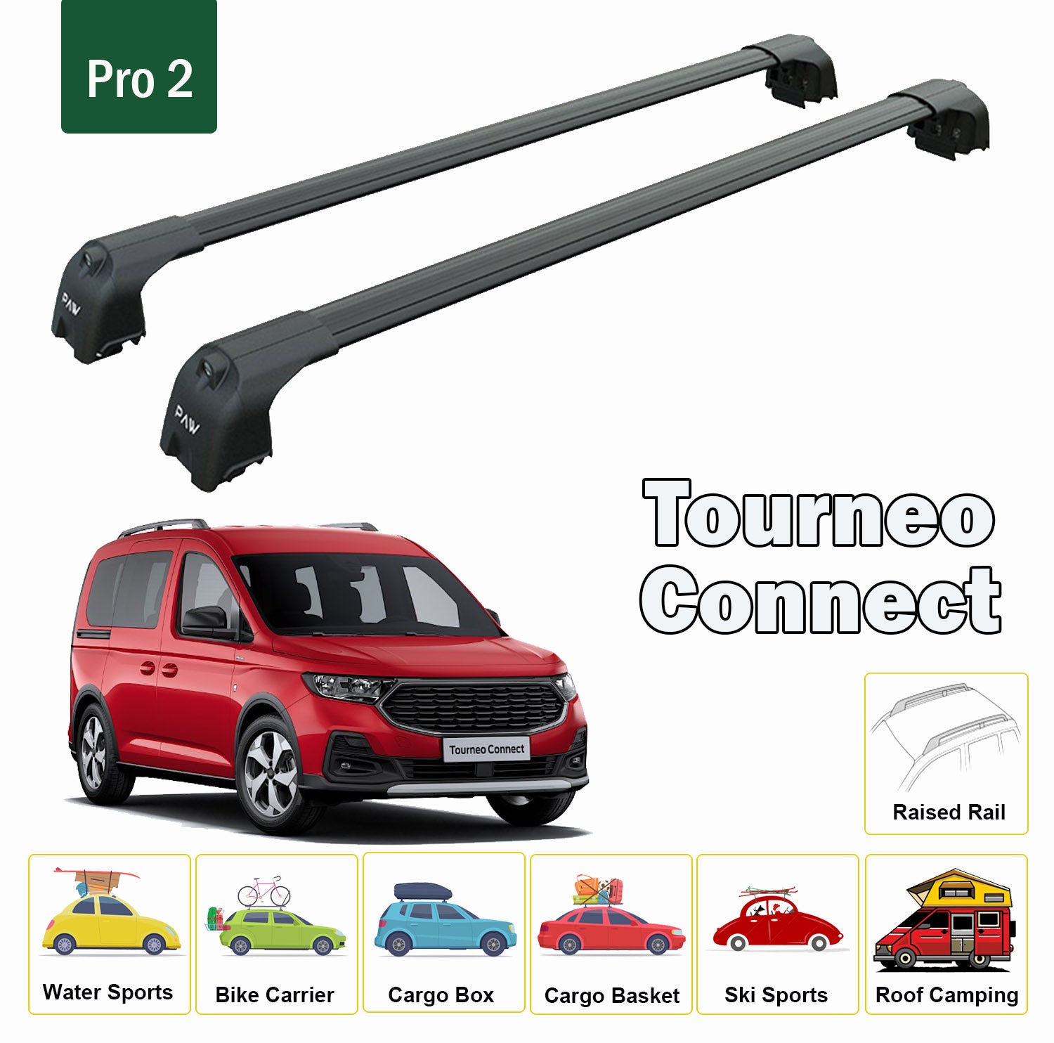 For Ford Tourneo Connect 2014-2023 Roof Rack Cross Bars Metal Bracket Raised Rail Alu Black