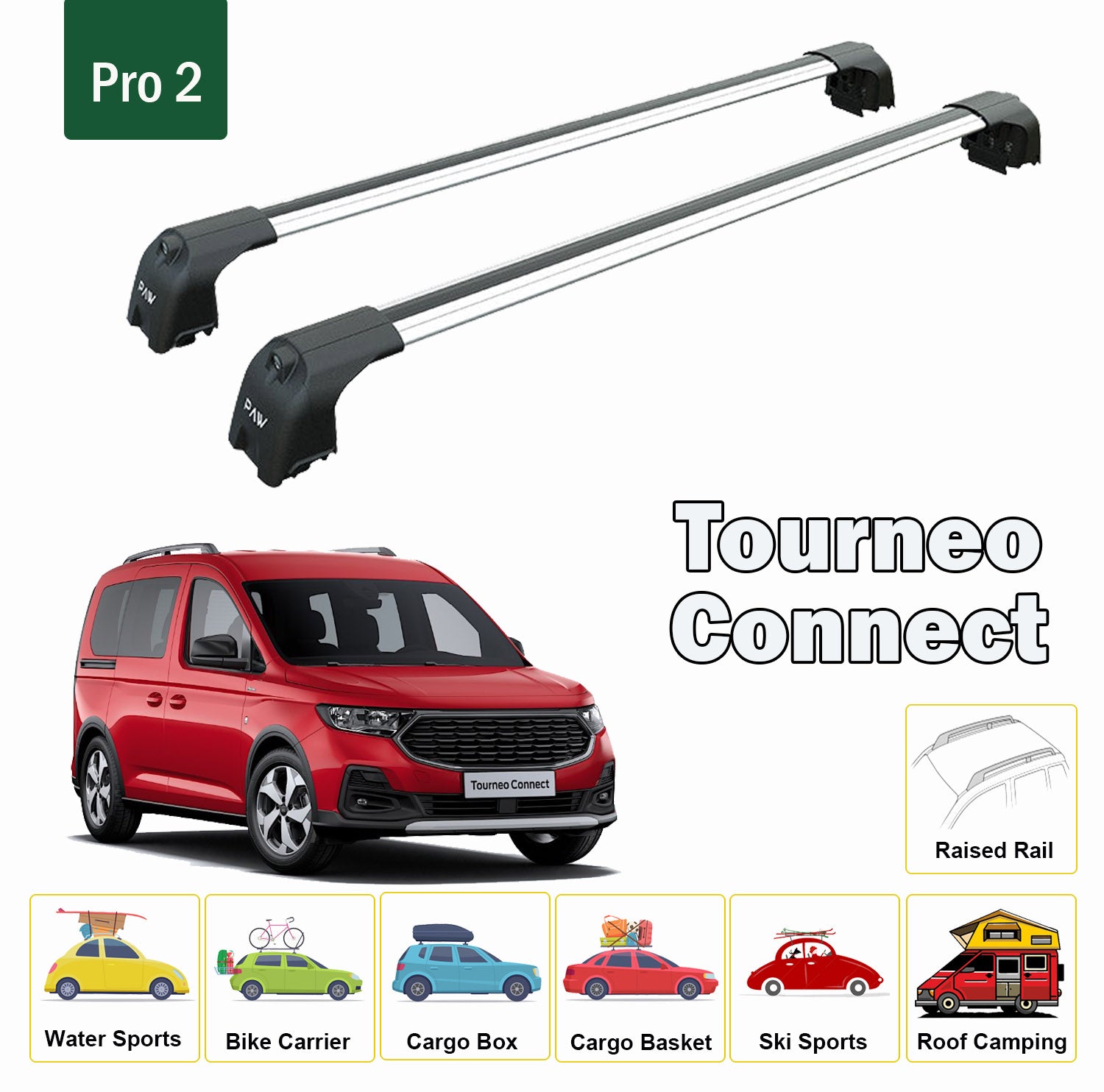 For Ford Tourneo Connect 2014-2023 Roof Rack Cross Bars Metal Bracket Raised Rail Alu Silver