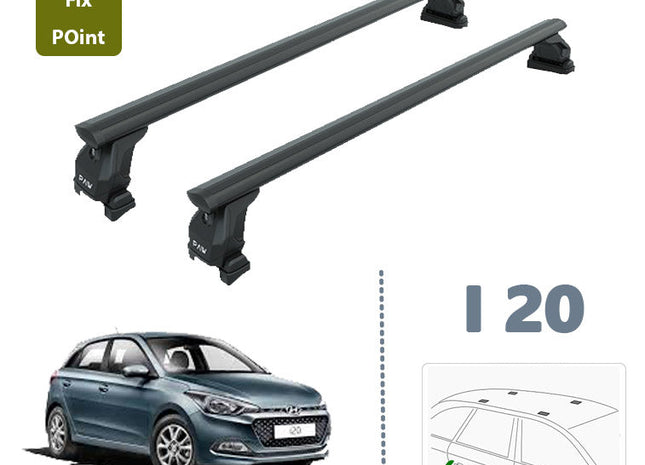 For Hyundai i20 2014-20 Roof Rack Cross Bars Fix Point Pro 6 Alu Black