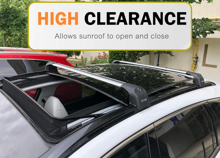 Car with roof rack system and 'High Clearance' label on a vehicle background