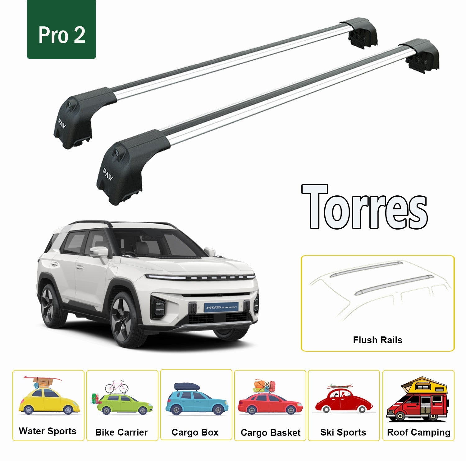 For Ssangyoung Torres Roof Rack System, Aluminium Cross Bar, Metal Bracket, Flush Rail, Silver