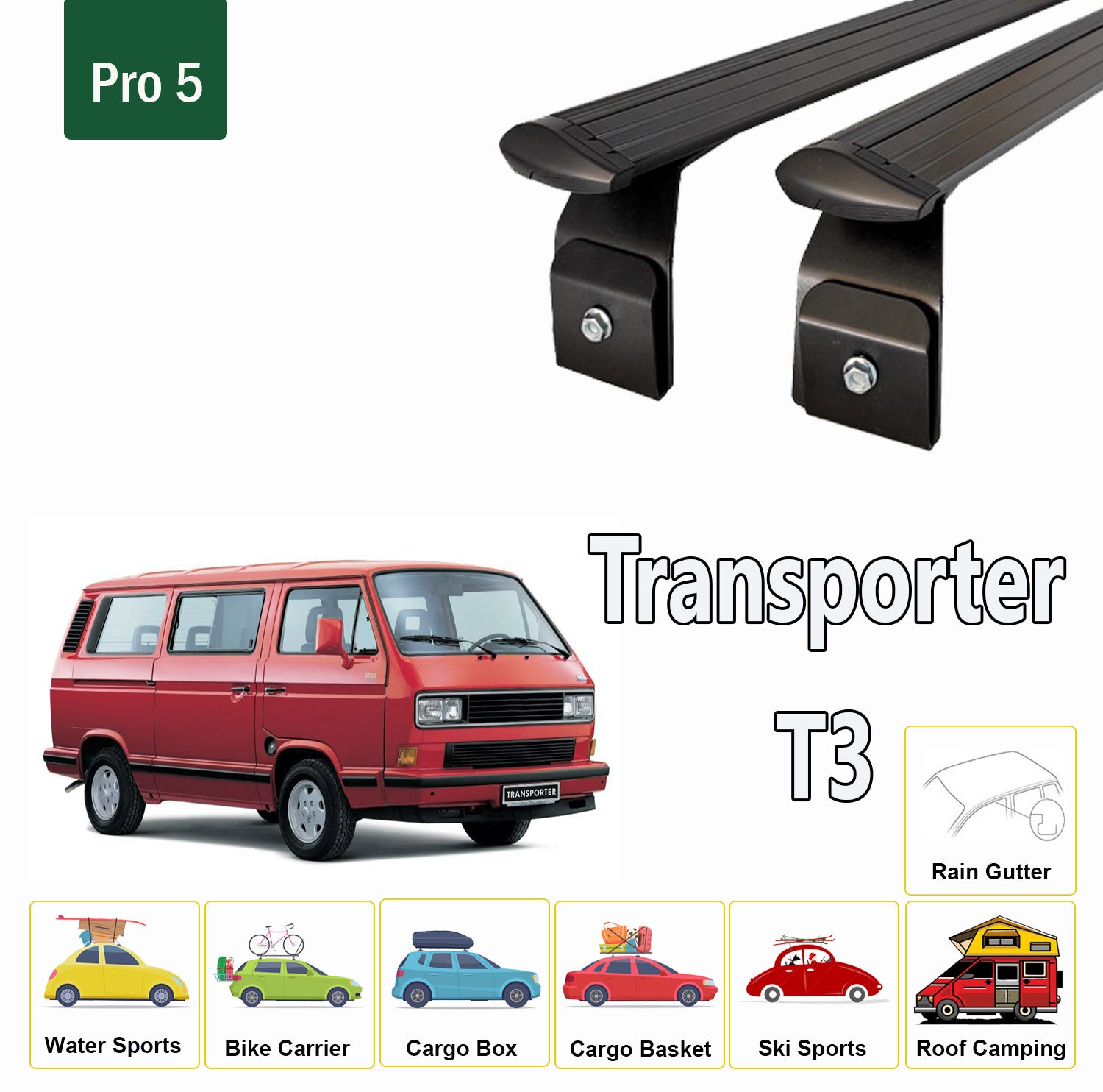 For Volkswagen Transporter T3 Van Roof Rack Cross Bars Metal Bracket Rain Gutters Black  1980-1990