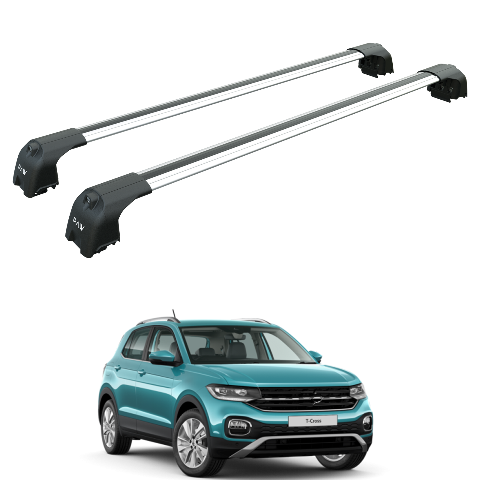 For Volkswagen T Cross Roof Rack System, Aluminium Cross Bar, Raised Rail, Silver