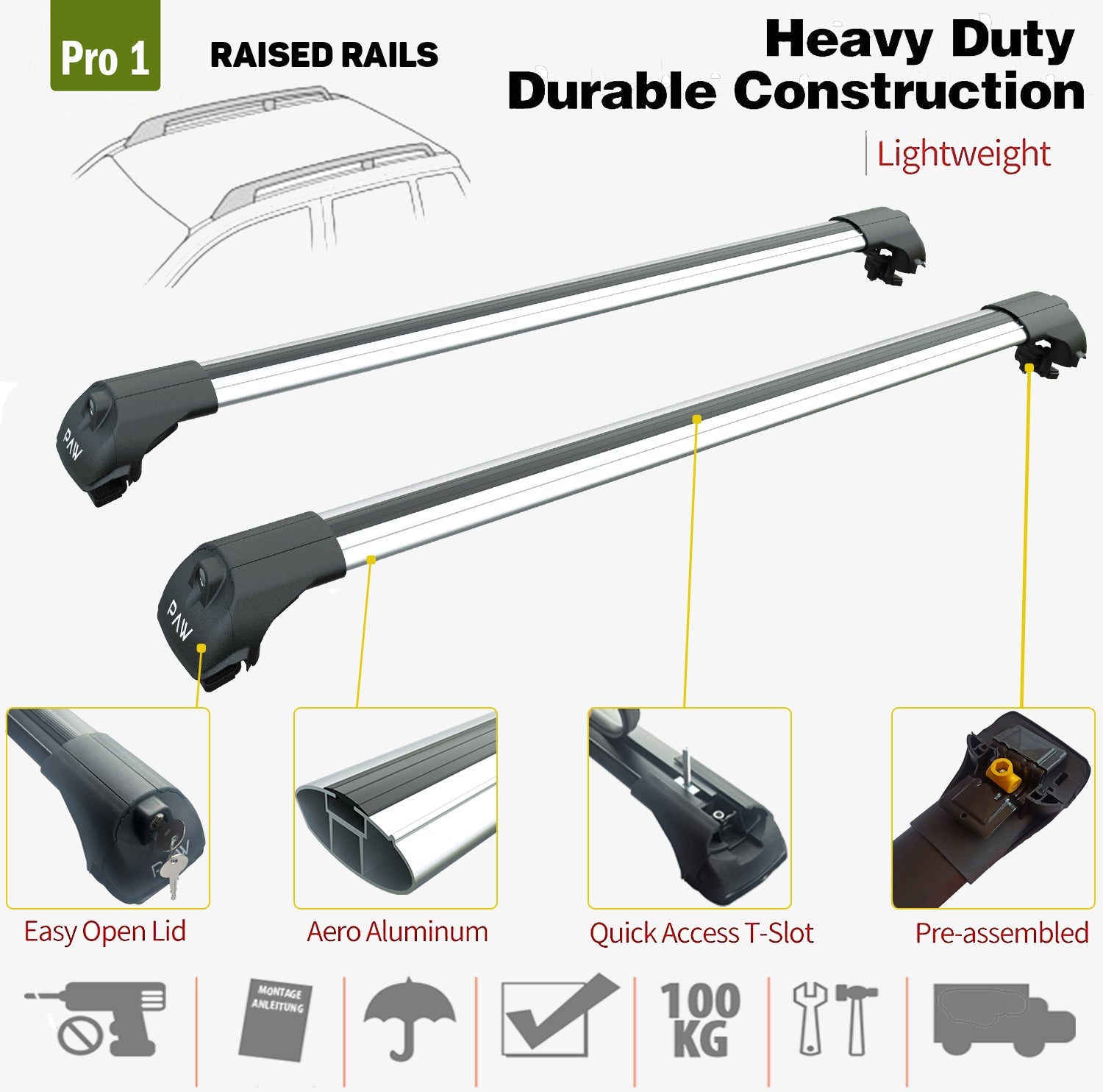 For Ford Courier Van 2014-2023 Pcs Roof Rack + 2Pcs Aluminium Cross Bar, Metal Bracket, Lockable, Silver