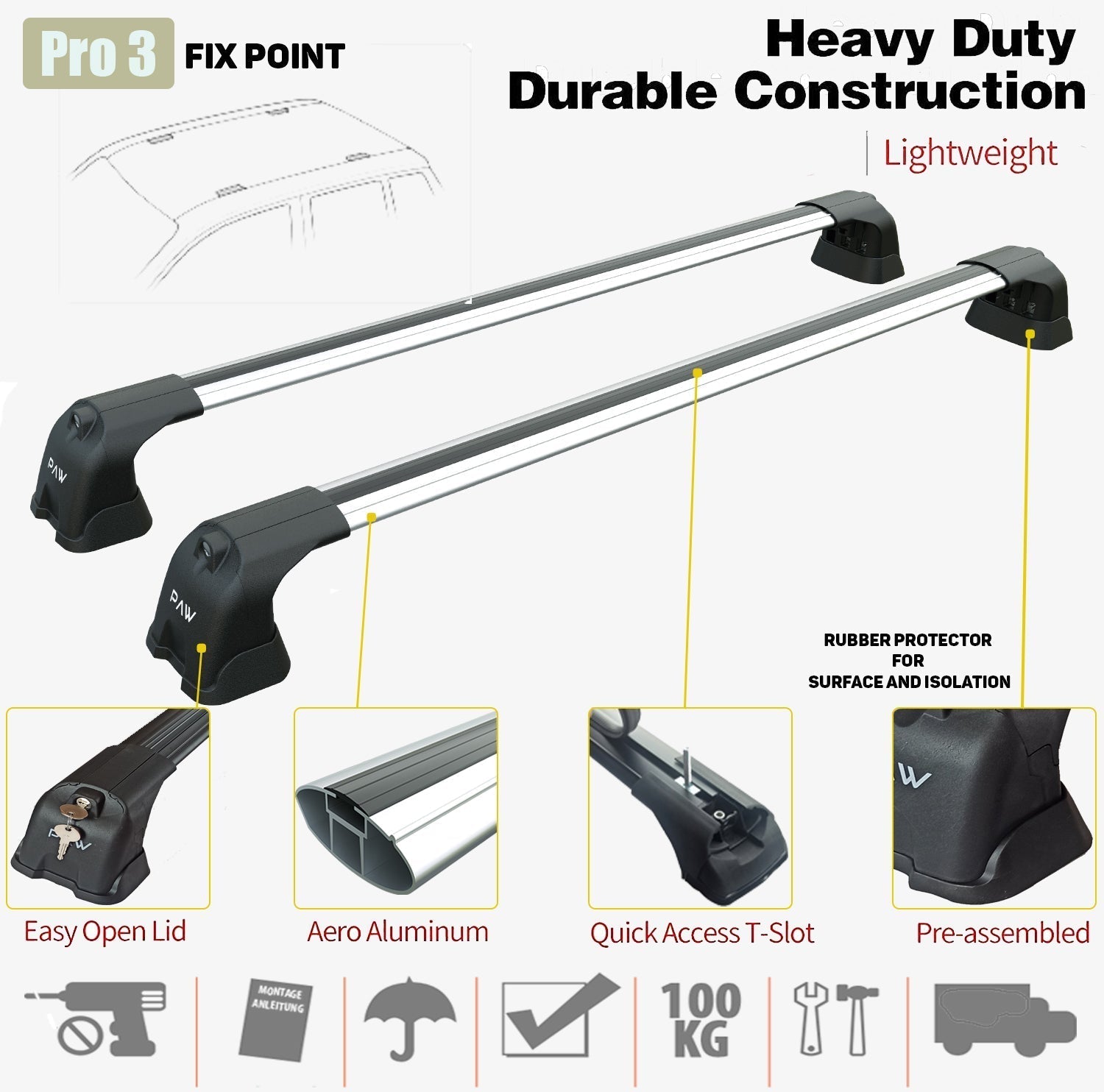 For Peugeot 207 2006-2012 Roof Rack System Carrier Cross Bars Aluminum Lockable High Quality of Metal Bracket Silver