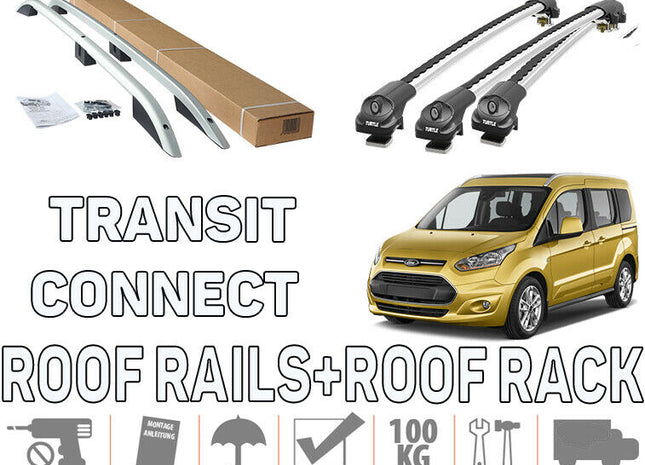 To Fit Ford Transit / Tourneo Connect LWB Roof Rails + Cross Bars Silver 2014-2023
