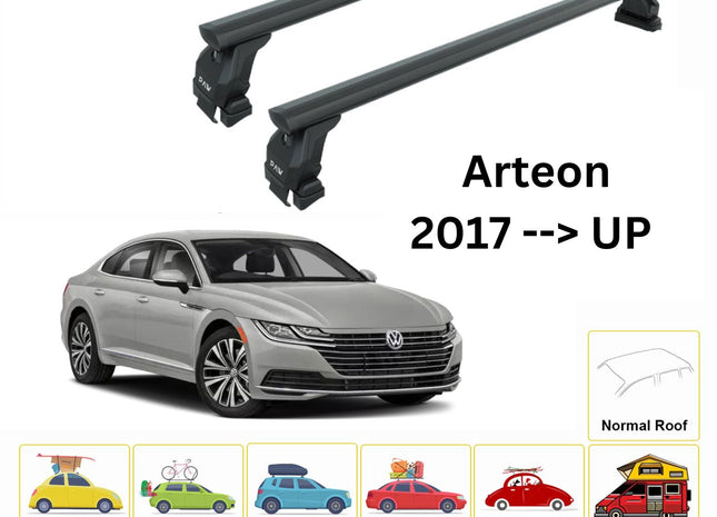 For Volkswagen Arteon 2017--> Roof Rack System, Aluminium Cross Bar, Metal Bracket, Normal Roof, Black