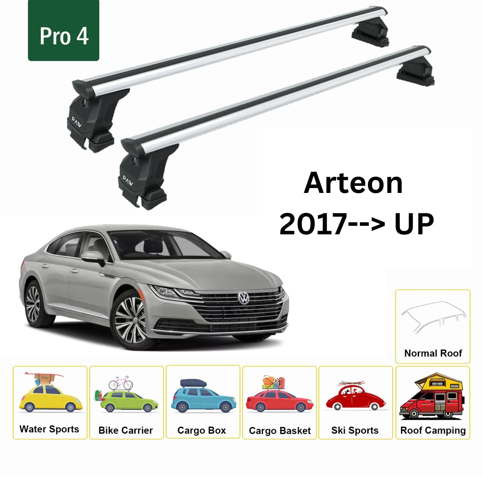 For Volkswagen Arteon 2017--> Roof Rack System, Aluminium Cross Bar, Metal Bracket, Normal Roof, Silver