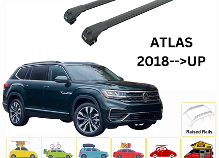 For Volkswagen Atlas 2018--> Roof Rack System, Aluminium Cross Bar, Metal Bracket, Raised Rail, Black