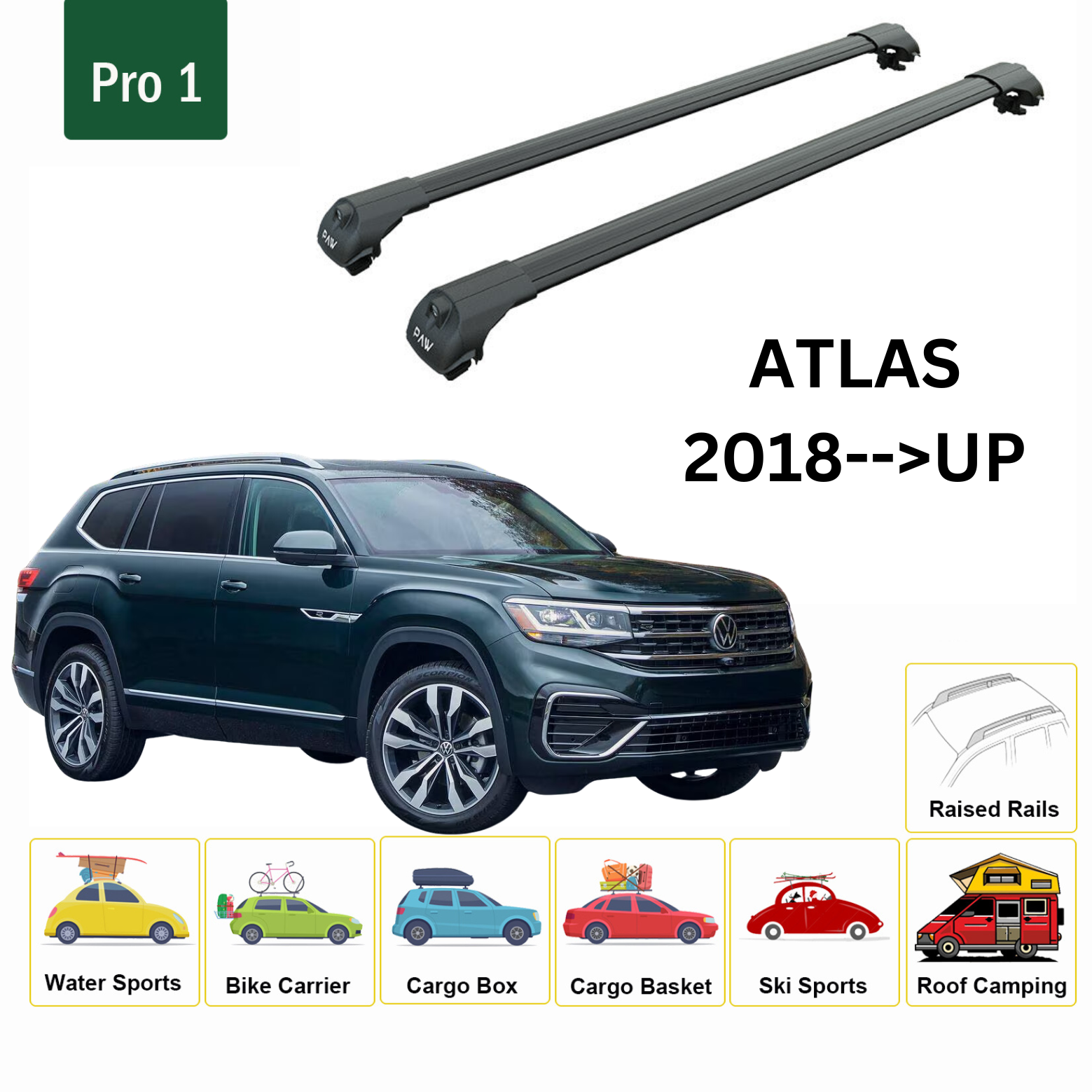 For Volkswagen Atlas 2018--> Roof Rack System, Aluminium Cross Bar, Metal Bracket, Raised Rail, Black - 0