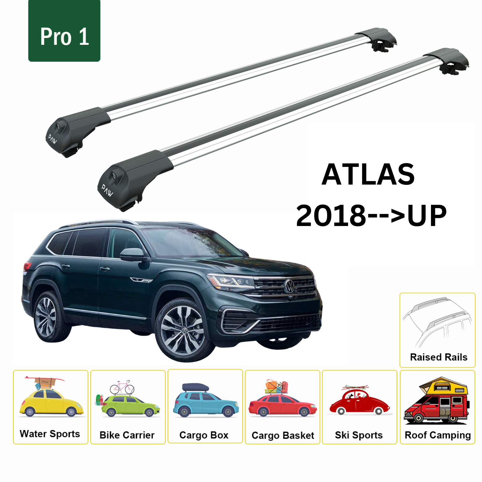 For Volkswagen Atlas 2018--> Roof Rack System, Aluminium Cross Bar, Metal Bracket, Raised Rail, Silver
